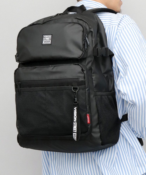 VISION STREET WEAR(ヴィジョンストリートウェア)の「大容量 ポリウレタンコーティング 600Dポリエステル 2ポケット バックパック A4・B4・PC収納対応(バックパック/リュック・メンズ・ブラック・FREE)」の1枚目の写真