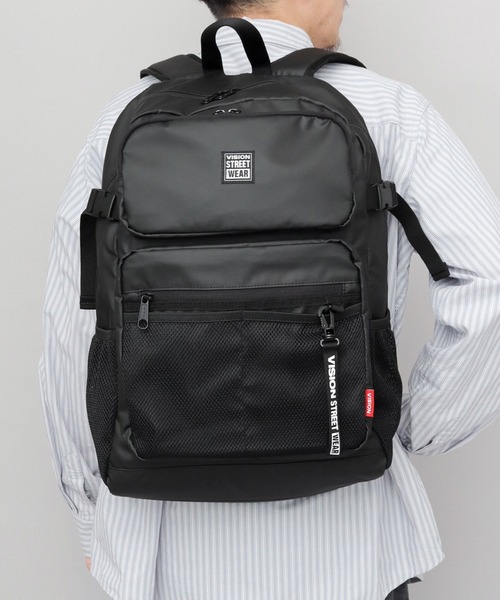 VISION STREET WEAR(ヴィジョンストリートウェア)の「大容量 ポリウレタンコーティング 600Dポリエステル 2ポケット バックパック A4・B4・PC収納対応(バックパック/リュック・メンズ・ブラック・FREE)」の7枚目の写真