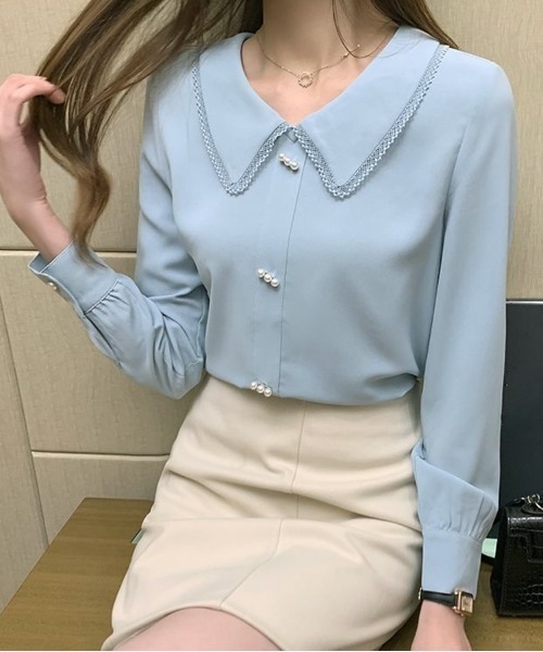 shoppinggo（ショッピングゴー）の「新作ブラウス シャツトップス シャツ 白  Vネック シャツブラウス 長い袖（シャツ/ブラウス・レディース・ブルー/ホワイト・L/M）」の3枚目の写真