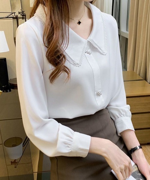 shoppinggo（ショッピングゴー）の「新作ブラウス シャツトップス シャツ 白  Vネック シャツブラウス 長い袖（シャツ/ブラウス・レディース・ブルー/ホワイト・L/M）」の5枚目の写真