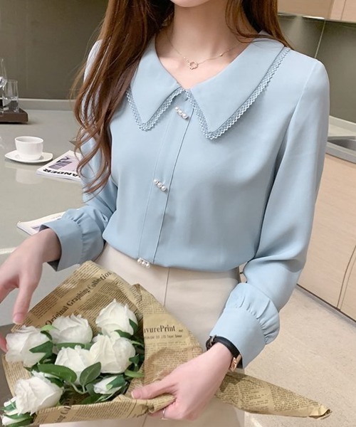 shoppinggo（ショッピングゴー）の「新作ブラウス シャツトップス シャツ 白  Vネック シャツブラウス 長い袖（シャツ/ブラウス・レディース・ブルー/ホワイト・L/M）」の11枚目の写真