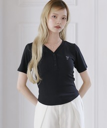 リボン刺繍リブヘンリーネック半袖Tシャツ