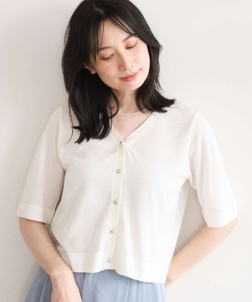 OFUON le MK(オフオンルエムケー)の「スパークナイロン半袖ニットカーディガン/洗える/アンサンブル対応/WEB限定サイズあり(カーディガン/ボレロ・レディース・ライトグリーン/ブラウン/ホワイト・38/36)」の1枚目の写真