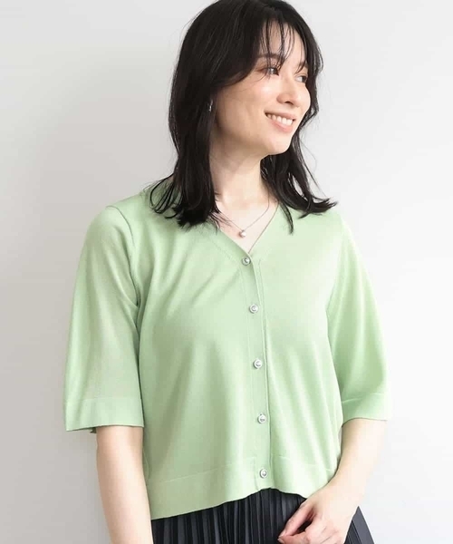 OFUON le MK(オフオンルエムケー)の「スパークナイロン半袖ニットカーディガン/洗える/アンサンブル対応/WEB限定サイズあり(カーディガン/ボレロ・レディース・ライトグリーン/ブラウン/ホワイト・38/36)」の3枚目の写真