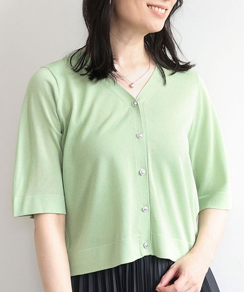 OFUON le MK(オフオンルエムケー)の「スパークナイロン半袖ニットカーディガン/洗える/アンサンブル対応/WEB限定サイズあり(カーディガン/ボレロ・レディース・ライトグリーン/ブラウン/ホワイト・38/36)」の5枚目の写真