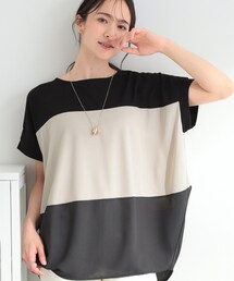 【S-LL/洗濯機可/体型カバー】インせず着られる 異素材ブロッキング ドルマンTシャツ