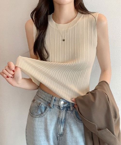 kirakiraShop(キラキラショップ)の「シンプル ノースリーブ リブ ニット トップス(タンクトップ・レディース・オリーブ/ホワイト/モカ/アイボリー/ブラック・FREE)」の15枚目の写真