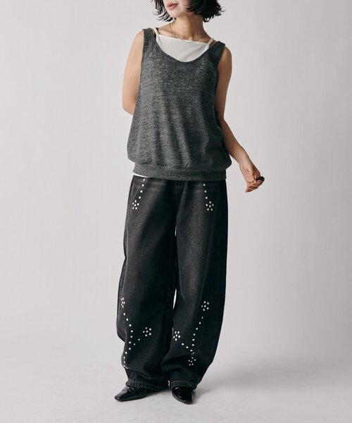 goocy(グーシー)の「【セットアイテム】麻混ワッフル×テレコキャミアンサンブル(キャミソール・レディース・ブラック/チャコールグレー/グレイッシュベージュ・FREE)」の15枚目の写真