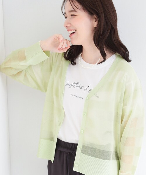 SHOO・LA・RUE（シューラルー）の「【洗濯機可/S-LL】涼し気な透け感 日差し冷房対策に シアーボーダーカーディガン（カーディガン/ボレロ・レディース・ネイビー/グリーン系/オフホワイト・02/01/04/03）」の2枚目の写真