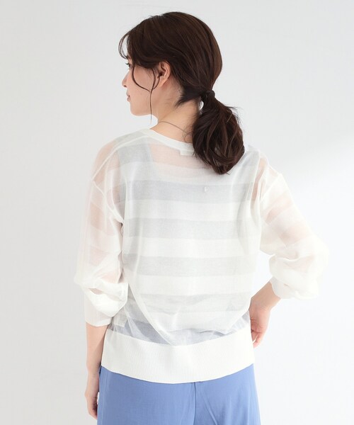 SHOO・LA・RUE（シューラルー）の「【洗濯機可/S-LL】涼し気な透け感 日差し冷房対策に シアーボーダーカーディガン（カーディガン/ボレロ・レディース・ネイビー/グリーン系/オフホワイト・02/01/04/03）」の20枚目の写真