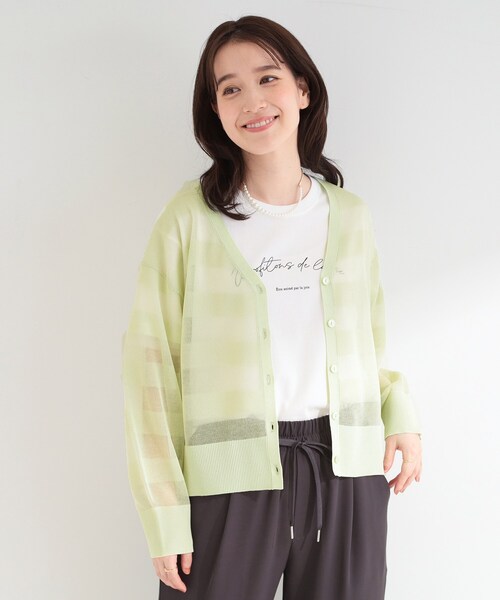 SHOO・LA・RUE（シューラルー）の「【洗濯機可/S-LL】涼し気な透け感 日差し冷房対策に シアーボーダーカーディガン（カーディガン/ボレロ・レディース・ネイビー/グリーン系/オフホワイト・02/01/04/03）」の17枚目の写真