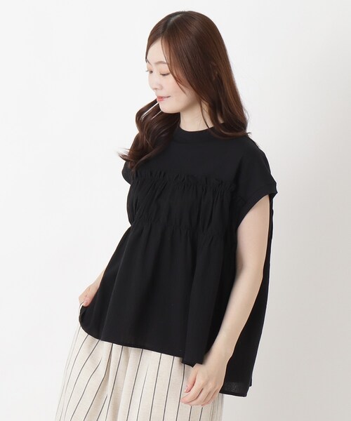 one'sterrace(ワンズテラス)の「異素材ペプラムプルオーバー(Tシャツ/カットソー・レディース・アイボリー系8/その他/ブラック系8・02)」の1枚目の写真