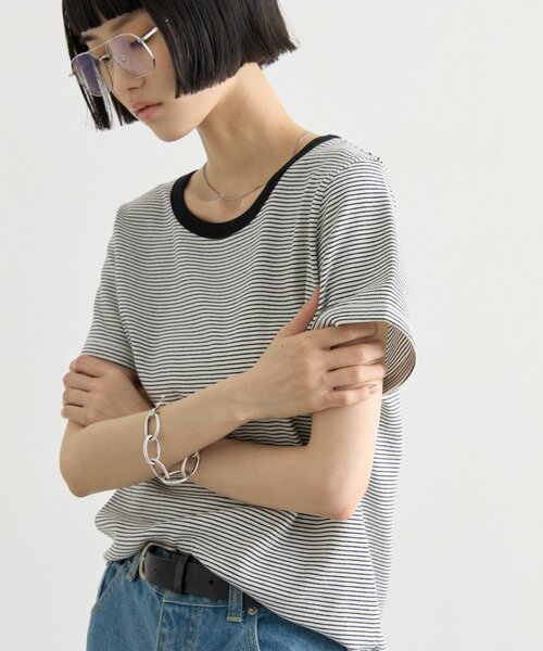 CIAOPANIC TYPY(チャオパニックティピー)の「ZOZO限定ピンボーダーリンガーTee(Tシャツ/カットソー・レディース・ブラック/ホワイト/ブルー/サックスブルー/グレー/ブラウン・ONE SIZE)」の2枚目の写真