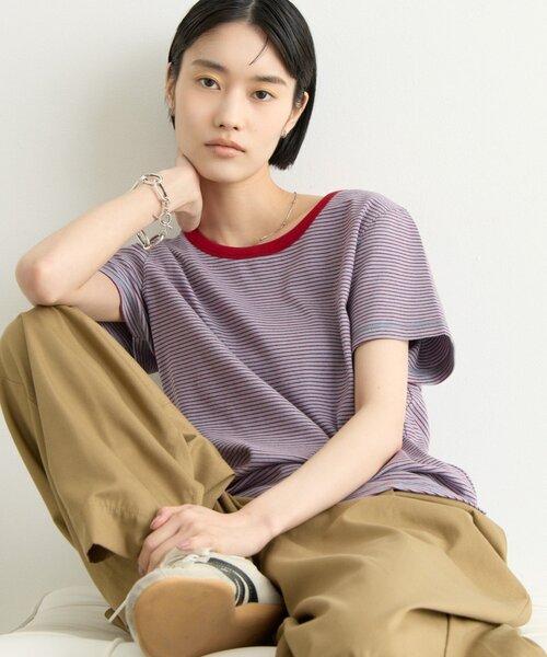 CIAOPANIC TYPY(チャオパニックティピー)の「ZOZO限定ピンボーダーリンガーTee(Tシャツ/カットソー・レディース・ブラック/ホワイト/ブルー/サックスブルー/グレー/ブラウン・ONE SIZE)」の6枚目の写真