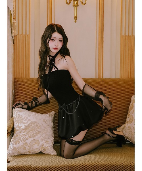 AmeliaMoi(アメリアモワ)の「"Leather × Ribbon"バルーンミニワンピース(ワンピース・レディース・ホワイト/ブラック・FREE)」の3枚目の写真