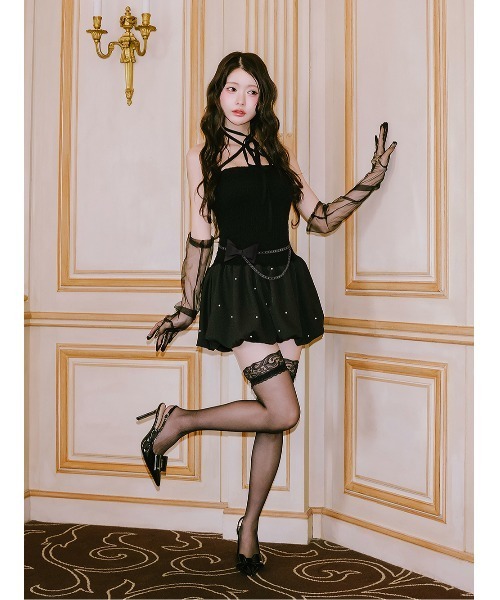 AmeliaMoi(アメリアモワ)の「"Leather × Ribbon"バルーンミニワンピース(ワンピース・レディース・ホワイト/ブラック・FREE)」の4枚目の写真