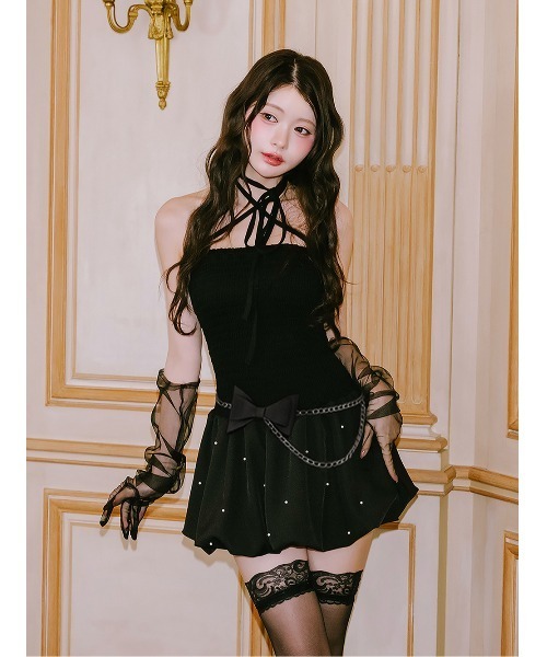 AmeliaMoi(アメリアモワ)の「"Leather × Ribbon"バルーンミニワンピース(ワンピース・レディース・ホワイト/ブラック・FREE)」の5枚目の写真