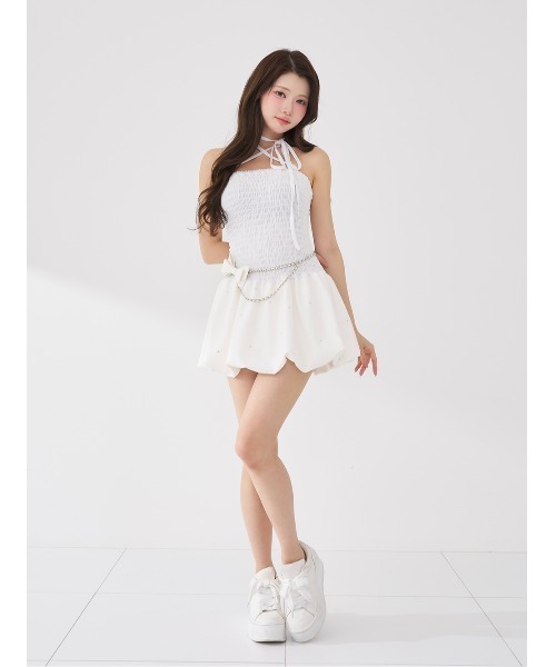 AmeliaMoi(アメリアモワ)の「"Leather × Ribbon"バルーンミニワンピース(ワンピース・レディース・ホワイト/ブラック・FREE)」の6枚目の写真