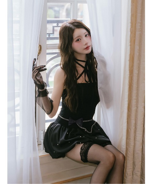 AmeliaMoi(アメリアモワ)の「"Leather × Ribbon"バルーンミニワンピース(ワンピース・レディース・ホワイト/ブラック・FREE)」の7枚目の写真