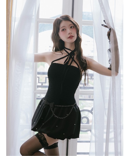 AmeliaMoi(アメリアモワ)の「"Leather × Ribbon"バルーンミニワンピース(ワンピース・レディース・ホワイト/ブラック・FREE)」の8枚目の写真