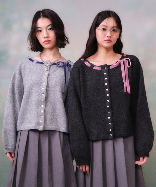 twins（nemne store）（ツインズ）の「Ribbon Knit Cardigan（カーディガン/ボレロ・レディース・グレー系・フリー）」の2枚目の写真