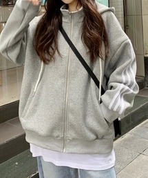 裏微起毛 韓国風 オーバーサイズ サイドライン オーバーサイズ ジップアップパーカー 【きれいめカジュアル】 レディース韓国風 春服 秋服 冬服