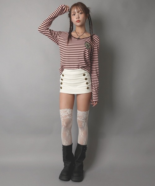 SPINNS(スピンズ)の「Vネック長袖Tシャツ/ボーダーエンブレム/平成ギャル(Tシャツ/カットソー・レディース・グレー系その他/ピンク系その他・ONESIZE)」の7枚目の写真