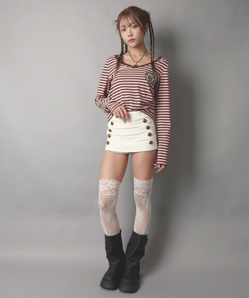 SPINNS(スピンズ)の「Vネック長袖Tシャツ/ボーダーエンブレム/平成ギャル(Tシャツ/カットソー・レディース・グレー系その他/ピンク系その他・ONESIZE)」の10枚目の写真