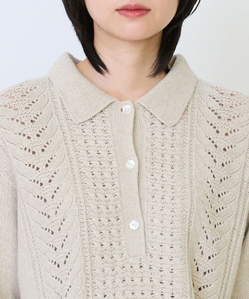 LOISIR(ロワズィール)の「リネンウールホールガーメント透かし地柄ポロニット(ニット/セーター・レディース・キナリ/ネイビー・FREE)」の9枚目の写真