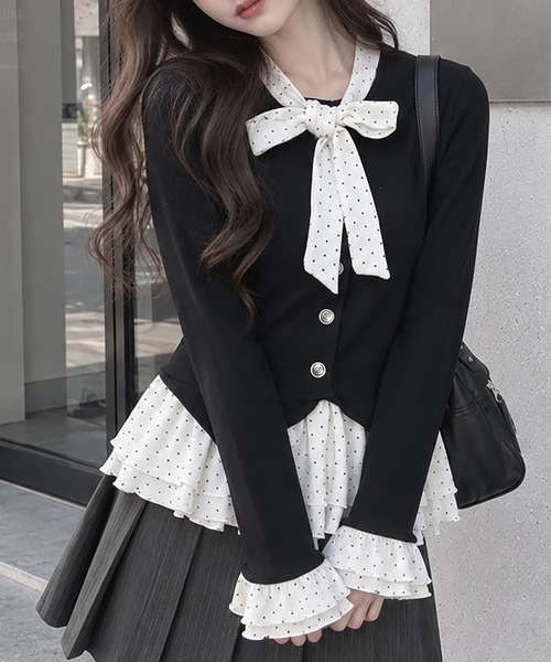 SPINNS(スピンズ)の「レイヤード風長袖カットソー/ドットリボン/韓国ガーリー(Tシャツ/カットソー・レディース・チャコール/ネイビー/グレー・ONESIZE)」の3枚目の写真