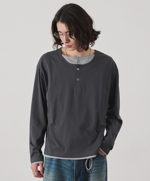 WEGO(ウィゴー)の「WEGO/【26年秋冬新作】ダブルヘンリーロンT(Tシャツ/カットソー・メンズ・チャコールグレー/ブラック・FREE)」の2枚目の写真