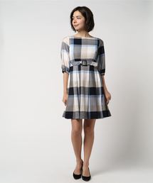ブルーレーベルクレストブリッジ　ワンピース　ベルト　チェック　ドッキング　紺　S ブルーレーベルクレストブリッジ✨CBチェック柄ベルト付