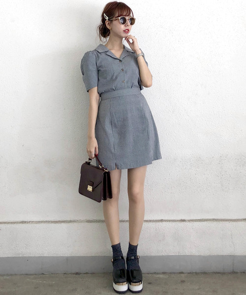 archives（アルシーヴ）の「【SETUPもOK】ストライプ開衿シャツ（シャツ/ブラウス・レディース・ホワイト×ブラック/ホワイト×グリーン/ブラック×グレー・MEDIUM）」の7枚目の写真