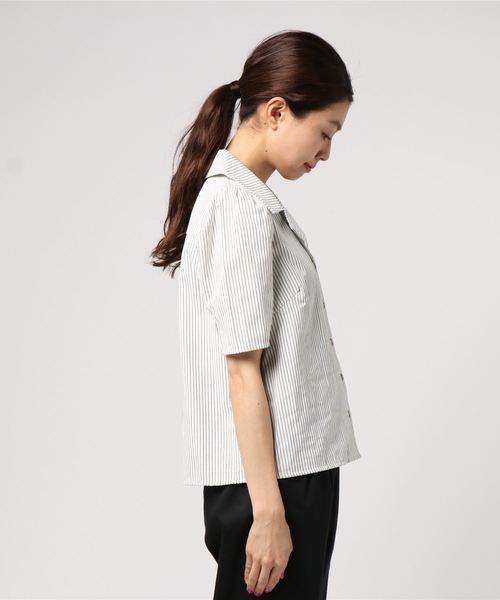 archives（アルシーヴ）の「【SETUPもOK】ストライプ開衿シャツ（シャツ/ブラウス・レディース・ホワイト×ブラック/ホワイト×グリーン/ブラック×グレー・MEDIUM）」の4枚目の写真
