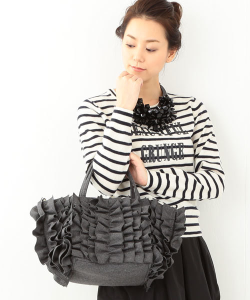 【美品】Ray BEAMSフリルトートバッグ レイビームス] キャンパス・バッグ フリル ビジュー カゴ バッグ