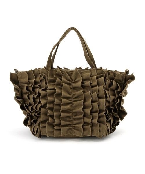 【美品】Ray BEAMSフリルトートバッグ レイビームス] キャンパス・バッグ フリル ビジュー カゴ バッグ