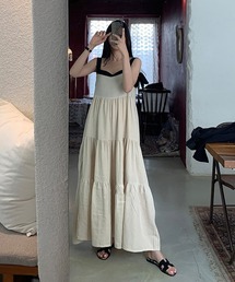 配色肩リボンワンピース