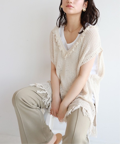 SLOBE citron.（スローブシトロン）の「SLOBE citron. メッシュニットベスト【手洗い可能】◆（ベスト・レディース・カーキ/アイボリー・FREE）」の2枚目の写真