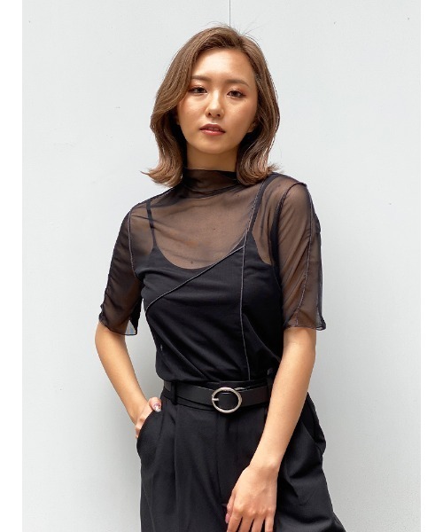 ENVYM（アンビー）の「ハーフスリーブシアーＴＯＰＳ（Tシャツ/カットソー・レディース・ホワイト/ブラック・FREE）」の2枚目の写真