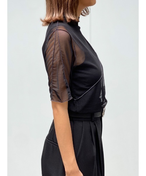 ENVYM（アンビー）の「ハーフスリーブシアーＴＯＰＳ（Tシャツ/カットソー・レディース・ホワイト/ブラック・FREE）」の5枚目の写真