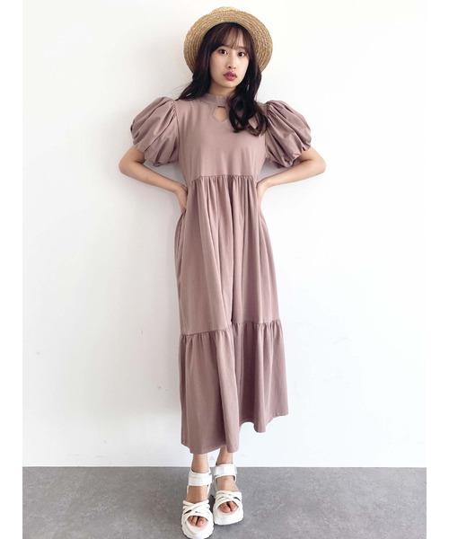 Honey Salon（ハニーサロン）の「パフスリーブティアードワンピース（ワンピース・レディース・ブラック/オフホワイト/チョコ・FREE）」の4枚目の写真