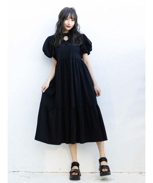 Honey Salon（ハニーサロン）の「パフスリーブティアードワンピース（ワンピース・レディース・ブラック/オフホワイト/チョコ・FREE）」の7枚目の写真