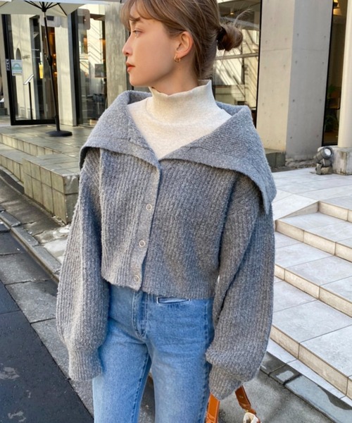 one after another NICE CLAUP（ワンアフターアナザーナイスクラップ）の「【再入荷！新色追加】トレンドのセーラーカラーニット（カーディガン/ボレロ・レディース・アイボリー/ブラック/チャコールグレー/ミント/ベージュ/ブラウン・FREE）」の4枚目の写真