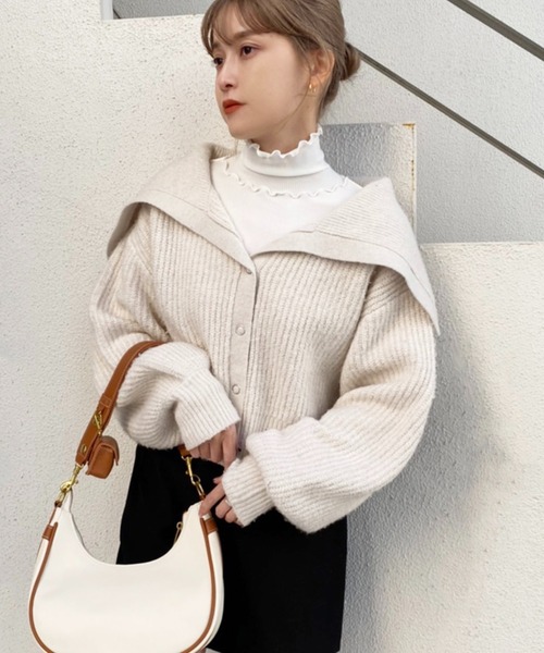 one after another NICE CLAUP（ワンアフターアナザーナイスクラップ）の「【再入荷！新色追加】トレンドのセーラーカラーニット（カーディガン/ボレロ・レディース・アイボリー/ブラック/チャコールグレー/ミント/ベージュ/ブラウン・FREE）」の2枚目の写真