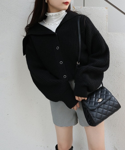 one after another NICE CLAUP（ワンアフターアナザーナイスクラップ）の「【再入荷！新色追加】トレンドのセーラーカラーニット（カーディガン/ボレロ・レディース・アイボリー/ブラック/チャコールグレー/ミント/ベージュ/ブラウン・FREE）」の3枚目の写真