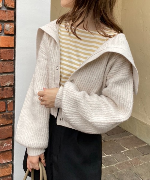 one after another NICE CLAUP（ワンアフターアナザーナイスクラップ）の「【再入荷！新色追加】トレンドのセーラーカラーニット（カーディガン/ボレロ・レディース・アイボリー/ブラック/チャコールグレー/ミント/ベージュ/ブラウン・FREE）」の15枚目の写真