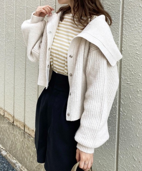 one after another NICE CLAUP（ワンアフターアナザーナイスクラップ）の「【再入荷！新色追加】トレンドのセーラーカラーニット（カーディガン/ボレロ・レディース・アイボリー/ブラック/チャコールグレー/ミント/ベージュ/ブラウン・FREE）」の18枚目の写真