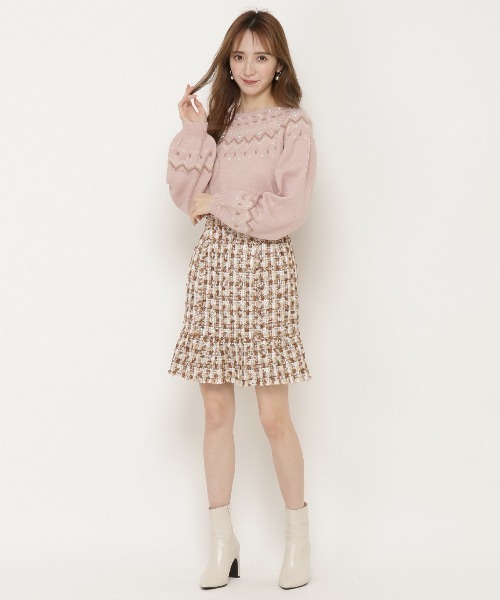 WILLSELECTION（ウィルセレクション）の「ファンシーチェックツイードフリンジミニスカート（スカート・レディース・ピンク/ブラウン/ネイビー・SMALL/MEDIUM）」の6枚目の写真