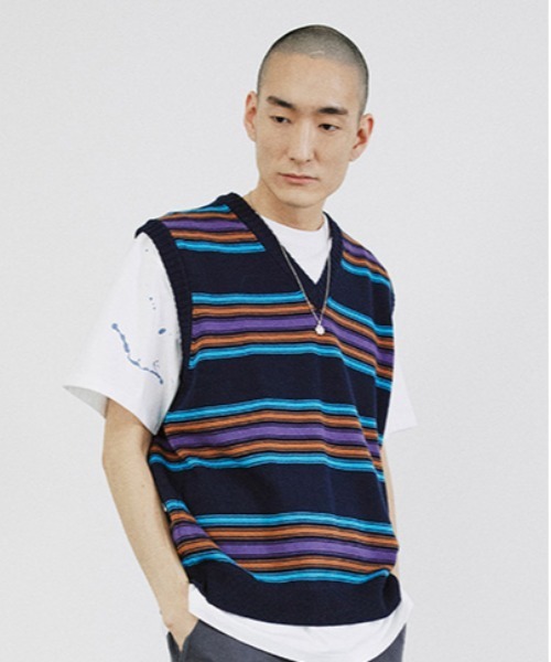 MAHAGRID(マハグリッド)の「【mahagrid】STRIPED KNIT VEST / マハグリッド ストライプ ボーダー ニット ベスト(ベスト・メンズ・ネイビー/アイボリー・SMALL/MEDIUM/LARGE)」の6枚目の写真