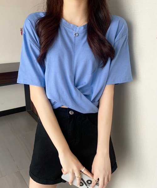 Jewelobe（ジュエローブ）の「ツイストヘムクロップドTシャツ（Tシャツ/カットソー・レディース・ブルー/杢グレー/ブラック/ピンク/ホワイト・M/S）」の5枚目の写真